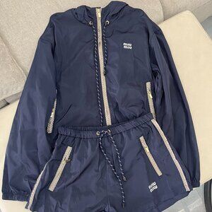 Miu Miu Navy Nylon Track Set - Cropped Windbreaker & Shorts Sz S